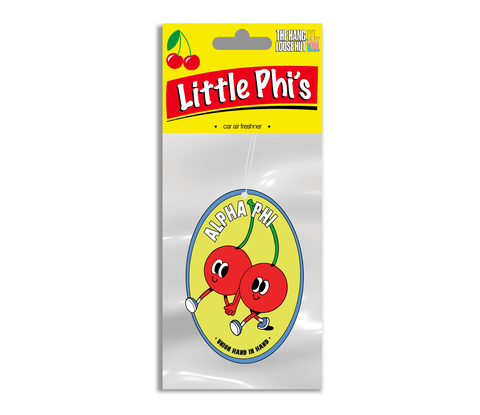 Sorority-themed custom car air freshener featuring a cherry design and custom packaging