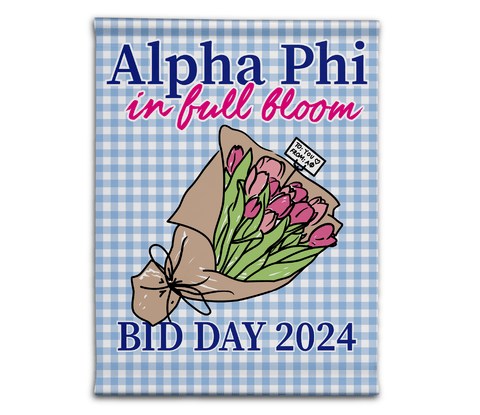 Sorority-themed custom banner featuring a flower bouquet illustration on a blue gingham background for Alpha Phi