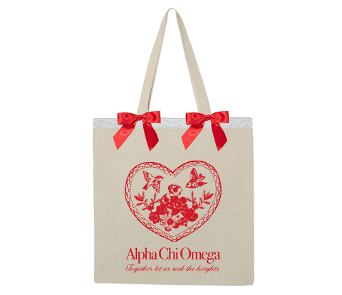 Sorority-themed custom bow-tote bag featuring white lace, red bows, and a red lace heart with birds design for Alpha Chi Omega