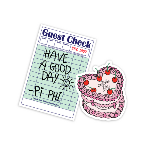 Sorority-themed custom stickers featuring a guest check design and heart cake design for Pi Beta Phi and Alpha Phi