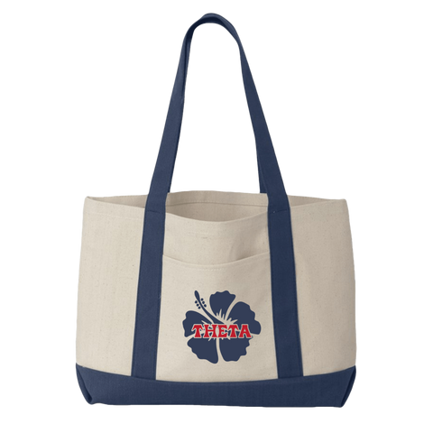 Sorority-themed custom 2-tone natural and navy tote bag featuring a hibiscus flower design for Kappa Alpha Theta