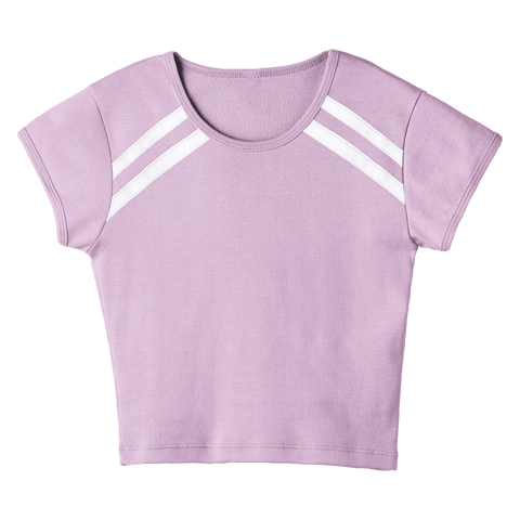 San Luis Tee, custom cropped fitted baby tee with cap sleeves and white stripes from neckline to underarms, in Aphrodite Approved color