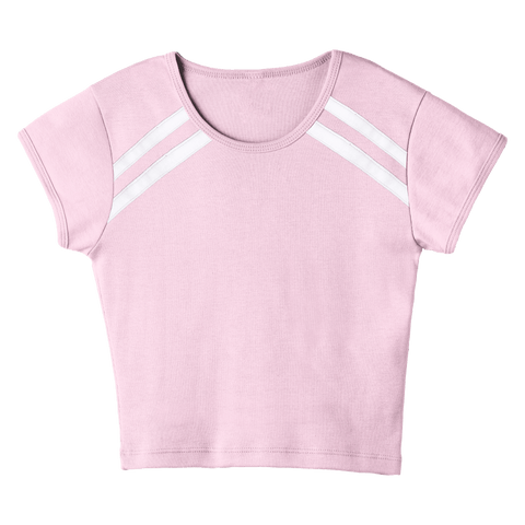 San Luis Tee, custom cropped fitted baby tee with cap sleeves and white stripes from neckline to underarms, in BB Blush color