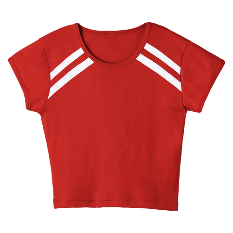 San Luis Tee, custom cropped fitted baby tee with cap sleeves and white stripes from neckline to underarms, in Cherry Whisper color