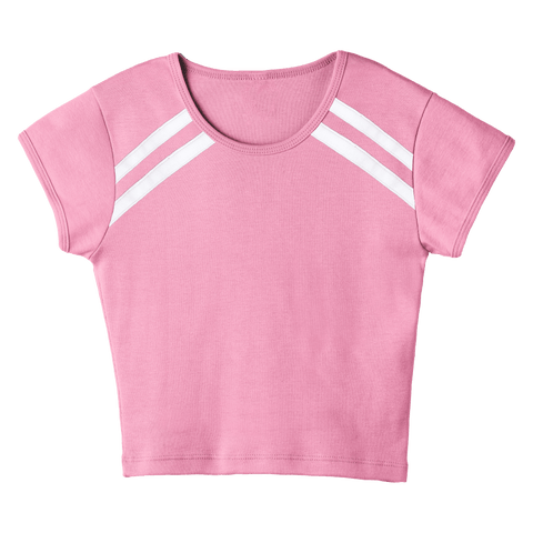 San Luis Tee, custom cropped fitted baby tee with cap sleeves and white stripes from neckline to underarms, in Dream House color