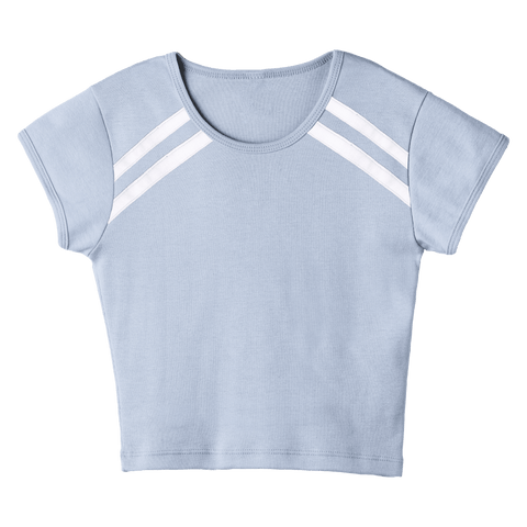 San Luis Tee, custom cropped fitted baby tee with cap sleeves and white stripes from neckline to underarms, in Healing Angelite color