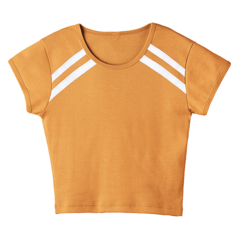 San Luis Tee, custom cropped fitted baby tee with cap sleeves and white stripes from neckline to underarms, in Healing Light color