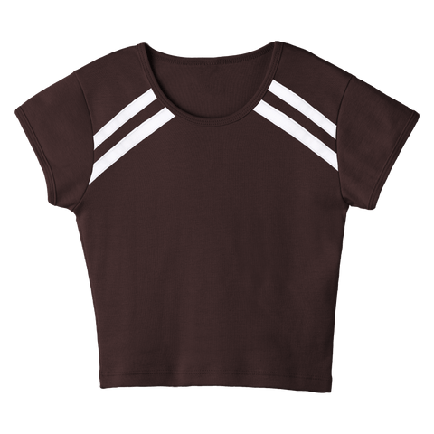 San Luis Tee, custom cropped fitted baby tee with cap sleeves and white stripes from neckline to underarms, in Latte Love color