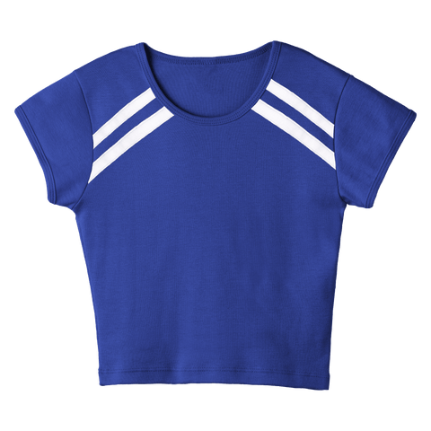 San Luis Tee, custom cropped fitted baby tee with cap sleeves and white stripes from neckline to underarms, in Lazuli Lover color