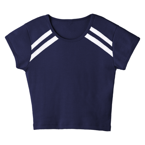 San Luis Tee, custom cropped fitted baby tee with cap sleeves and white stripes from neckline to underarms, in Midnight Chic color