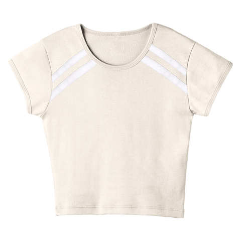 San Luis Tee, custom cropped fitted baby tee with cap sleeves and white stripes from neckline to underarms, in Oat Milk Please color