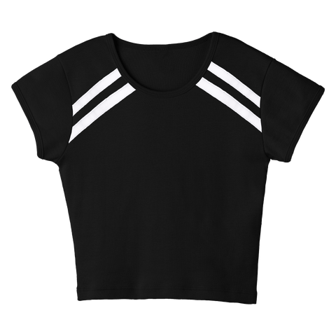 San Luis Tee, custom cropped fitted baby tee with cap sleeves and white stripes from neckline to underarms, in Onyx Black color