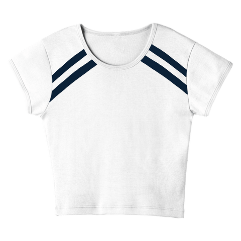 San Luis Tee, custom cropped fitted baby tee with cap sleeves and navy stripes from neckline to underarms, in Opal White color