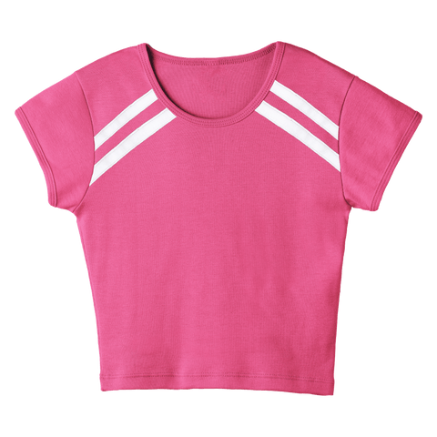 San Luis Tee, custom cropped fitted baby tee with cap sleeves and white stripes from neckline to underarms, in Pinki Minaj color