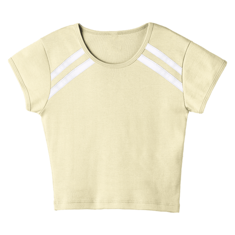 San Luis Tee, custom cropped fitted baby tee with cap sleeves and white stripes from neckline to underarms, in Sandy Chic color