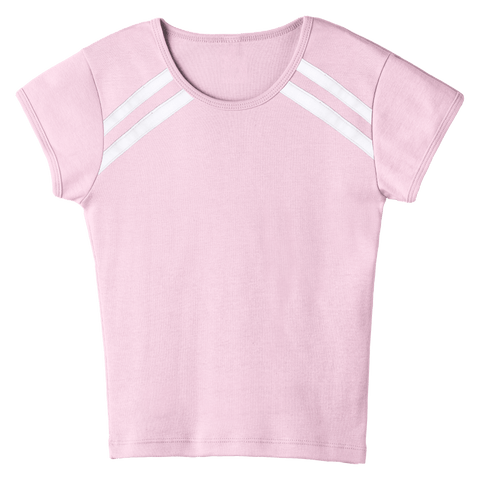 San Luis Tee, custom full-length fitted baby tee with cap sleeves and white stripes from neckline to underarms, in BB Blush color