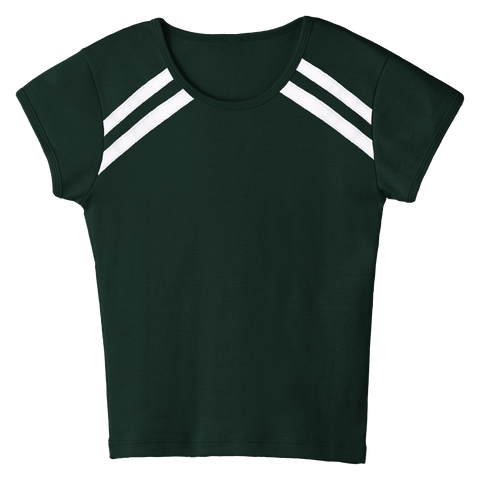 San Luis Tee, custom full-length fitted baby tee with cap sleeves and white stripes from neckline to underarms, in Camp Cutie color