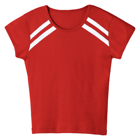 San Luis Tee, custom full-length fitted baby tee with cap sleeves and white stripes from neckline to underarms, in Cherry Whisper color