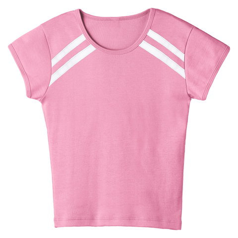 San Luis Tee, custom full-length fitted baby tee with cap sleeves and white stripes from neckline to underarms, in Dream House color