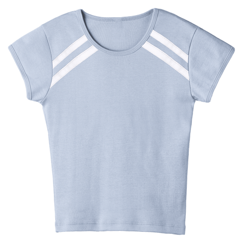 San Luis Tee, custom full-length fitted baby tee with cap sleeves and white stripes from neckline to underarms, in Healing Angelite color