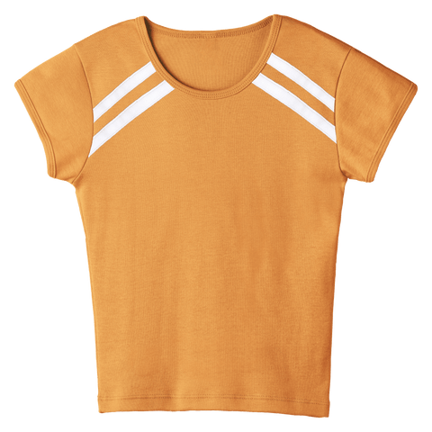 San Luis Tee, custom full-length fitted baby tee with cap sleeves and white stripes from neckline to underarms, in Healing Light color