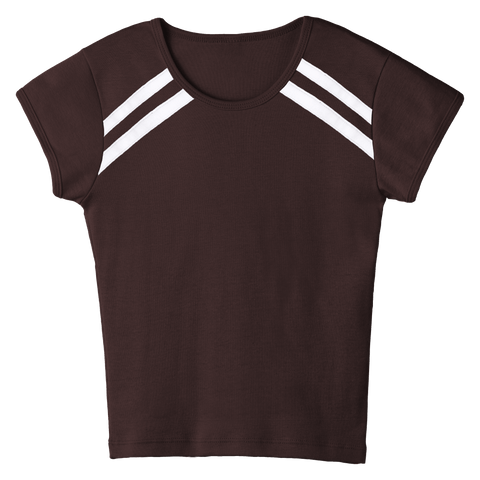 San Luis Tee, custom full-length fitted baby tee with cap sleeves and white stripes from neckline to underarms, in Latte Love color