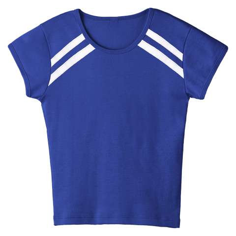 San Luis Tee, custom full-length fitted baby tee with cap sleeves and white stripes from neckline to underarms, in Lazuli Lover color