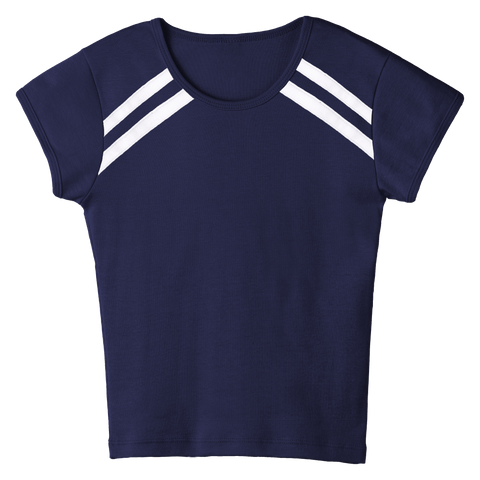 San Luis Tee, custom full-length fitted baby tee with cap sleeves and white stripes from neckline to underarms, in Midnight Chic color