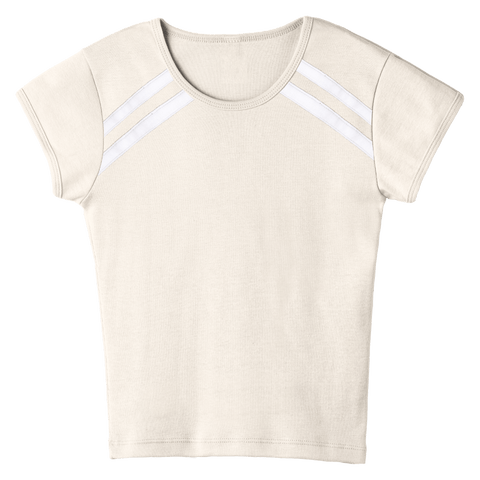 San Luis Tee, custom full-length fitted baby tee with cap sleeves and white stripes from neckline to underarms, in Oat Milk Please color