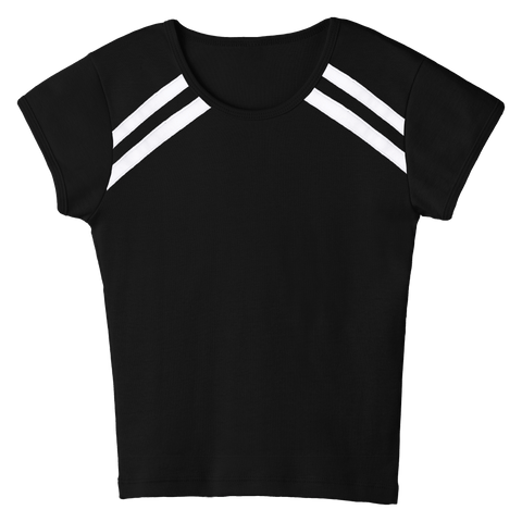 San Luis Tee, custom full-length fitted baby tee with cap sleeves and white stripes from neckline to underarms, in Onyx Black color