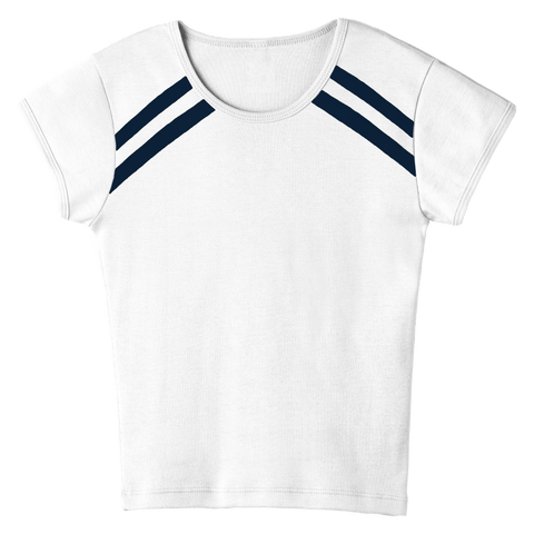 San Luis Tee, custom full-length fitted baby tee with cap sleeves and white stripes from neckline to underarms, in Opal White color