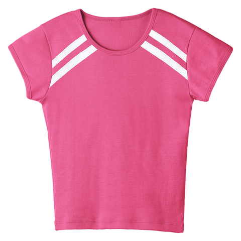 San Luis Tee, custom full-length fitted baby tee with cap sleeves and white stripes from neckline to underarms, in Pinki Minaj color