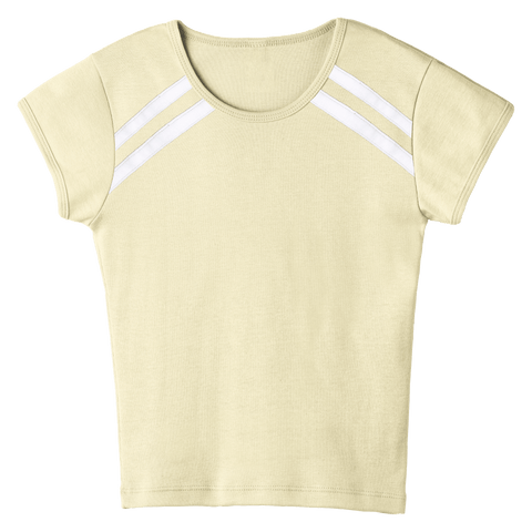 San Luis Tee, custom full-length fitted baby tee with cap sleeves and white stripes from neckline to underarms, in Sandy Chic color