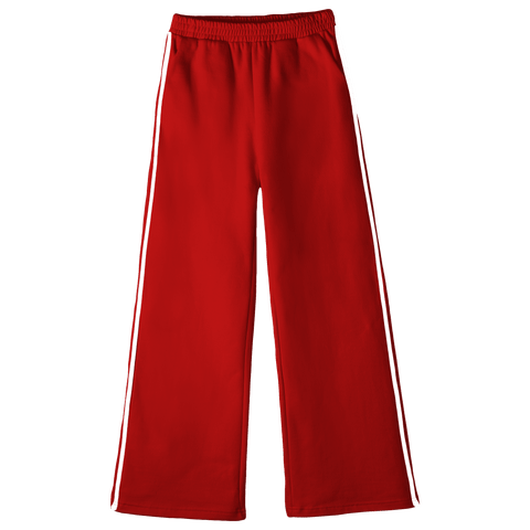 Thalia Sweats, custom fleece flare sweatpants with white side stripes, in Cherry Whisper color