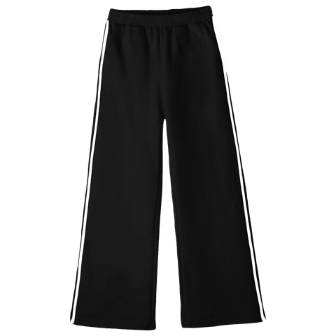 Thalia Sweats, custom fleece flare sweatpants with white side stripes, in Onyx Black color