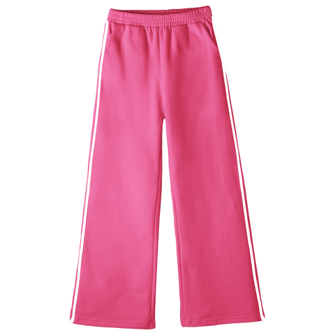 Thalia Sweats, custom fleece flare sweatpants with white side stripes, in Pinki Minaj color