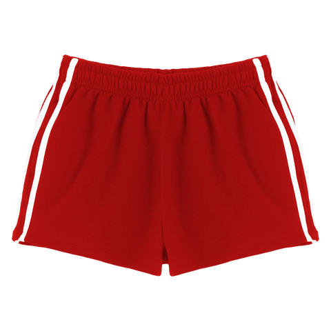 Thalia Shorts, custom mid-rise fleece sweat shorts with white side stripes, in Cherry Whisper color