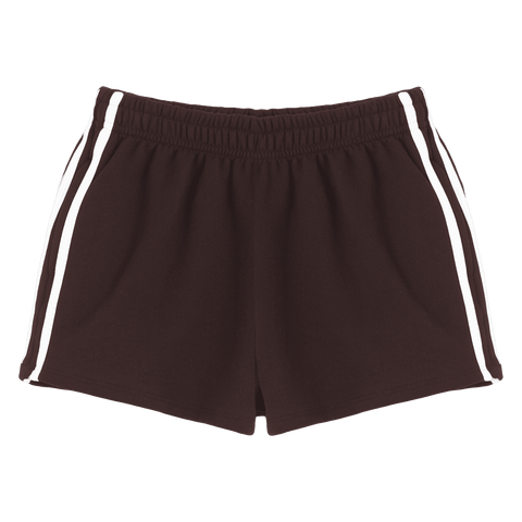 Thalia Shorts, custom mid-rise fleece sweat shorts with white side stripes, in Latte Love color