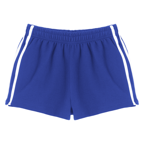 Thalia Shorts, custom mid-rise fleece sweat shorts with white side stripes, in Lazuli Lover color