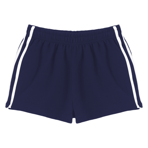 Thalia Shorts, custom mid-rise fleece sweat shorts with white side stripes, in Midnight Chic color