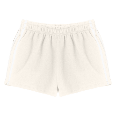 Thalia Shorts, custom mid-rise fleece sweat shorts with white side stripes, in Oat Milk Please color