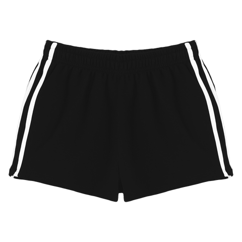 Thalia Shorts, custom mid-rise fleece sweat shorts with white side stripes, in Onyx Black color