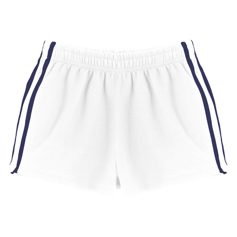 Thalia Shorts, custom mid-rise fleece sweat shorts with navy side stripes, in Opal White color