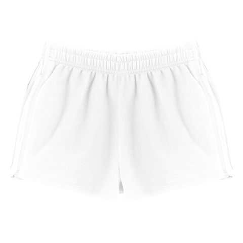 Thalia Shorts, custom mid-rise fleece sweat shorts with white side stripes, in Opal White color