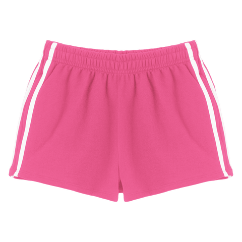 Thalia Shorts, custom mid-rise fleece sweat shorts with white side stripes, in Pinki Minaj color