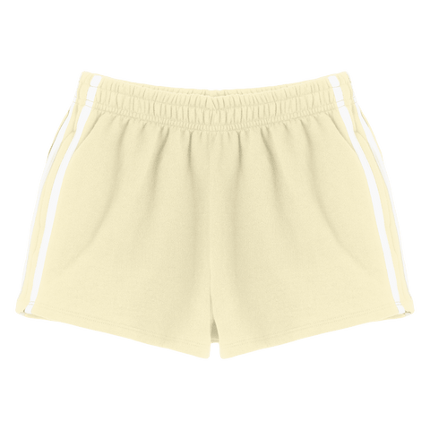 Thalia Shorts, custom mid-rise fleece sweat shorts with white side stripes, in Sandy Chic color