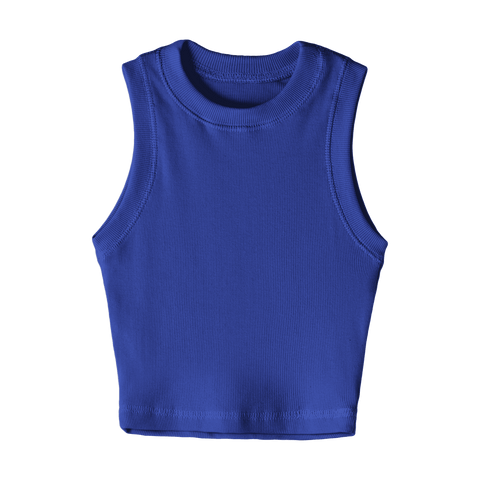 Laguna Tank, custom fitted cropped tank top with a high neckline in Lazuli Lover color