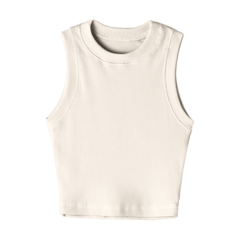 Laguna Tank, custom fitted cropped tank top with a high neckline in Oat Milk Please color