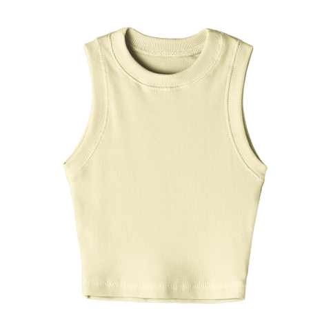 Laguna Tank, custom fitted cropped tank top with a high neckline in Sandy Chic color