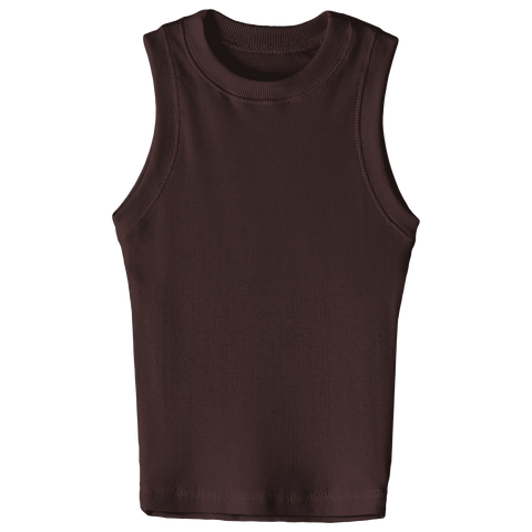 Laguna Tank, custom fitted full-length tank top with a high neckline in Latte Love color